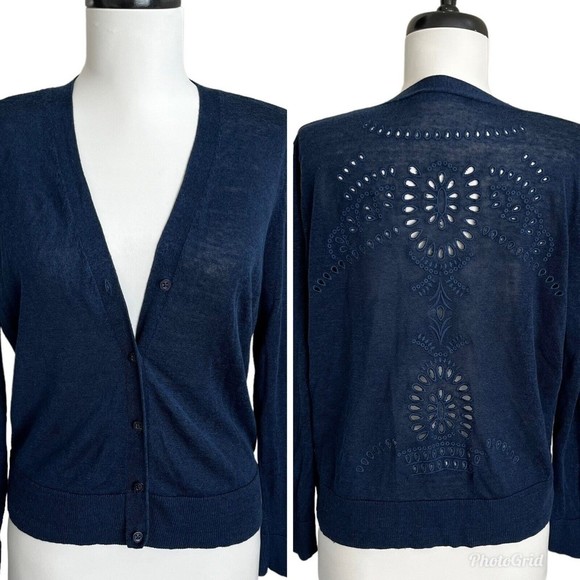 Lauren Ralph Lauren Sweaters - Ralph Lauren Cardigan Sweater Eyelet Lace Back Linen Blend Navy Blue V neck